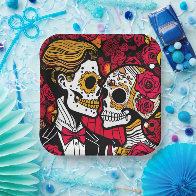 Assiettes En Carton Texte personnalisé 💀 Pop Día de Muertos (Fête)