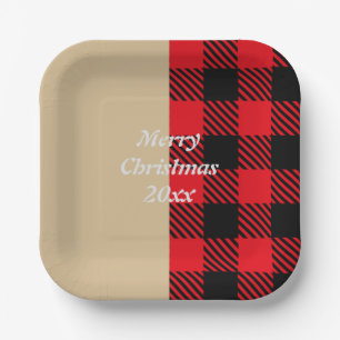 Assiettes En Carton Texte personnalisé tendance tartan motif rouge bru