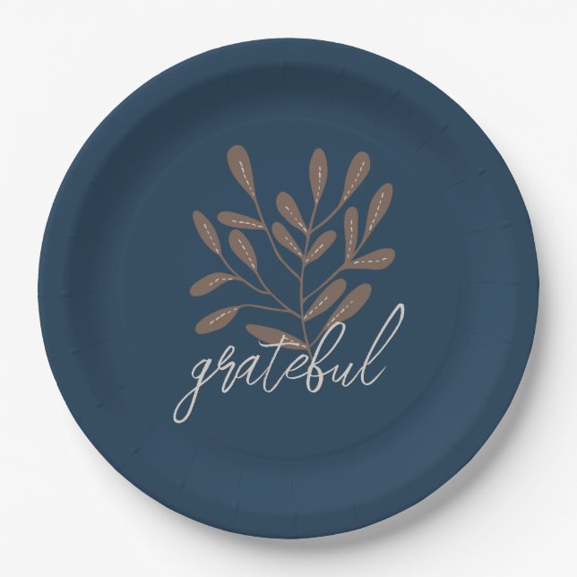 Assiettes En Carton Thanksgiving Automne Rustique Bleu Grateful (Devant)