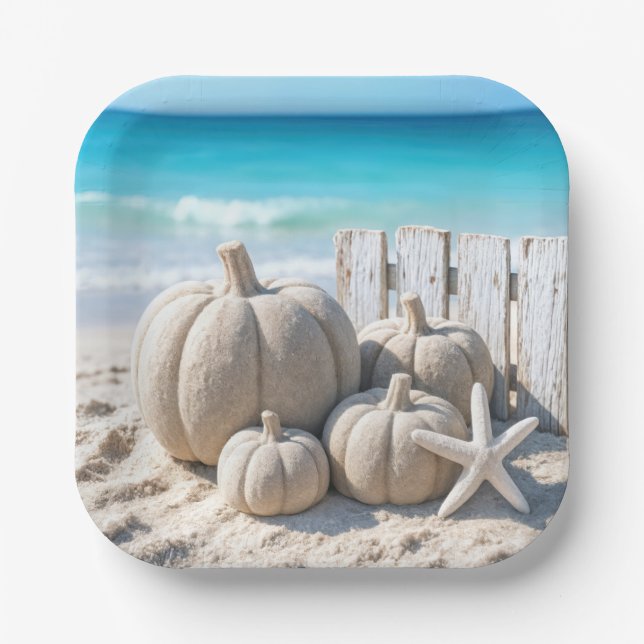 Assiettes En Carton Thanksgiving Beach Sand Pumpkins and Starfish (Recto)