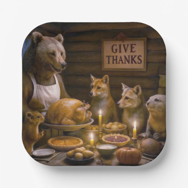 Assiettes En Carton Thanksgiving Day Bear Turkey Dinner (Recto)