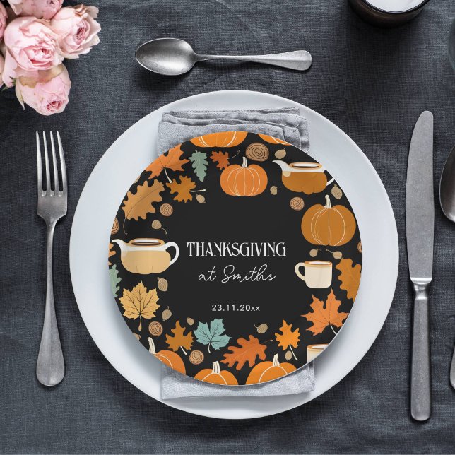 Assiettes En Carton Thanksgiving rétro style citrouille érable feuille (Thanksgiving dinner tableware personalized paper plates pumpkins cups fall foliage themed plates)