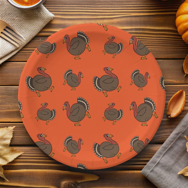 Assiettes En Carton Thanksgiving Turquie Motif Plaque en papier orange (Cute turkey pattern paper plate for your Thanksgiving celebration)