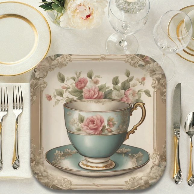 Assiettes En Carton Thé dans l'Antique Fête de Mariée aux Tasses Fleur (Vintage Tea Cup Floral Bridal Shower Tea Party Paper Plates)