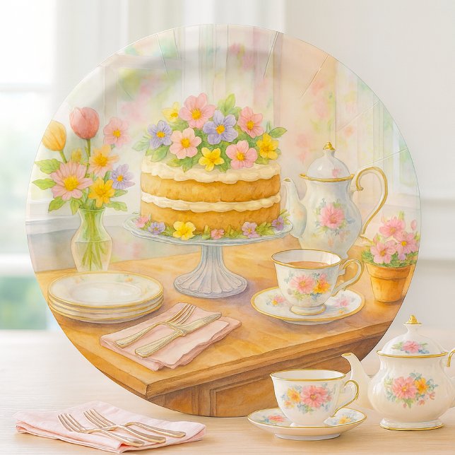 Assiettes En Carton Thé dansant élégant de printemps  (watercolor spring tea party paper plate mockup)