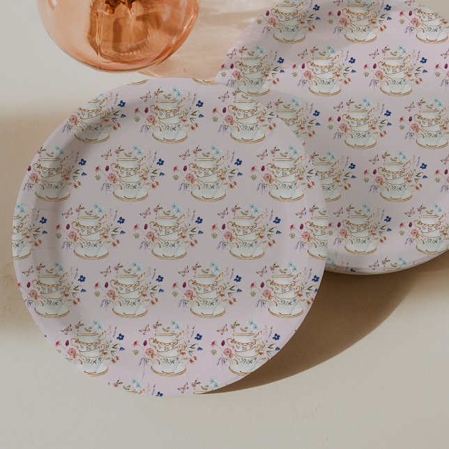Assiettes En Carton Thé dansant en rose pour la mariée (Pink Tea Party Bridal Shower Paper Plates by Painted Paperie
)