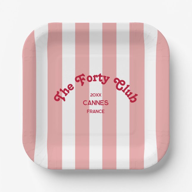 Assiettes En Carton The Forty Club Pink Cabana Stripe 40th Birthday  (Recto)