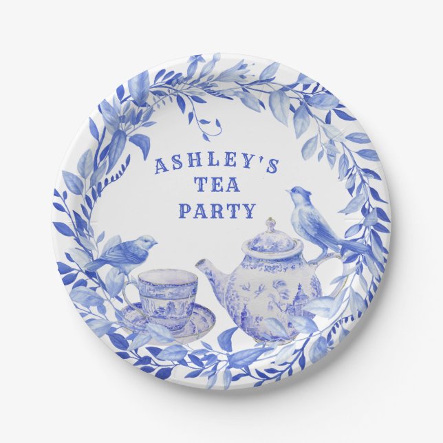 Assiettes En Carton Théière florale bleue et blanche avec oiseaux  (Devant)