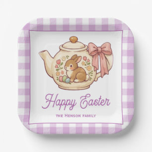 Assiettes En Carton Théière personnalisée de lapin de Pâques à carreau