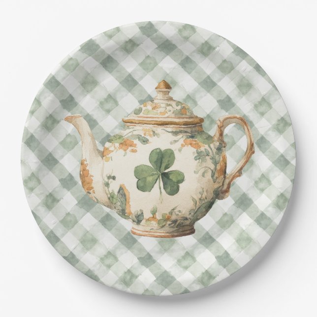 Assiettes En Carton Théière Trèfle de la Saint-Patrick (Devant)
