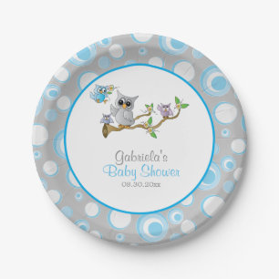 Assiettes En Carton Thème Baby shower de la chouette des bébés bleu