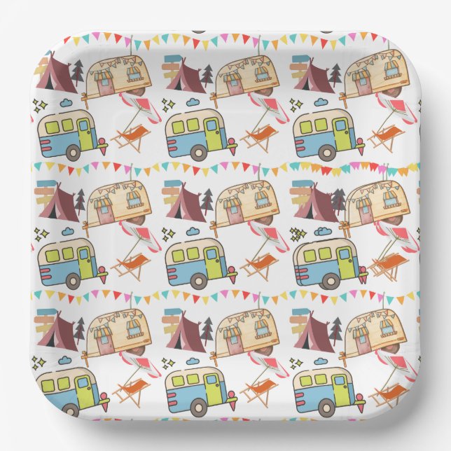 Assiettes En Carton Thème Camping Rétro (Recto)