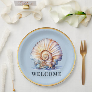 Assiettes En Carton Thème coquillage de luxe bleu or pique-nique de pl