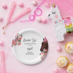 Assiettes En Carton Thème d'anniversaire Cheval Fleur Rose Fille Cowgi