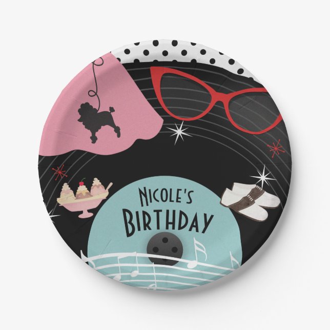 Assiettes En Carton Thème d'anniversaire des années 50 1950 (Devant)