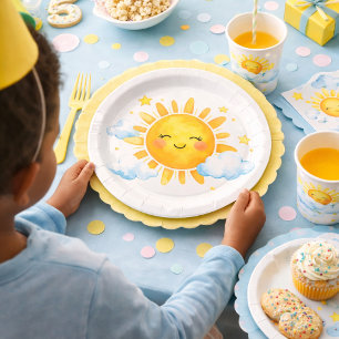 Assiettes En Carton Thème de Baby Shower Bébé Soleil Souriant Nuages B