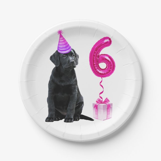 Assiettes En Carton Thème de chiot 6e anniversaire - mignon chien rose (Devant)