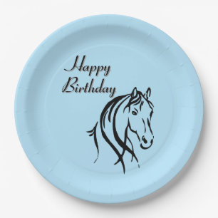 Assiettes En Carton Thème de fête d'anniversaire animal cheval bleu