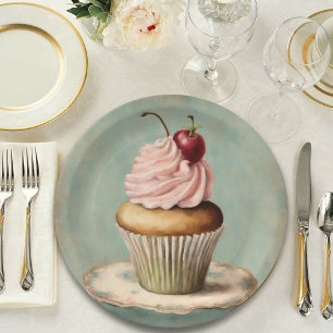 Assiettes En Carton Thème de fête d'anniversaire avec gâteau rose fran