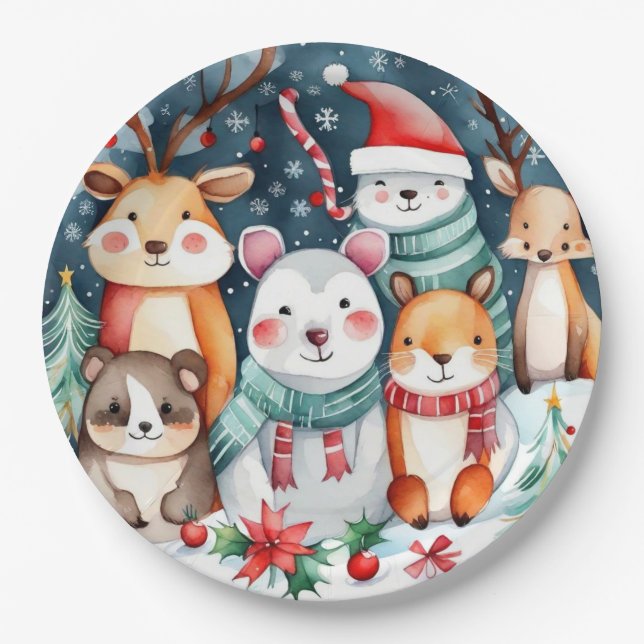 Assiettes En Carton Thème de Noël Animaux mignons (Devant)