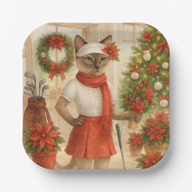 Assiettes En Carton Thème de Noël de golf pour femme au chat Golfer (Recto)
