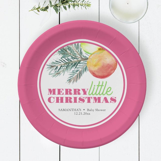 Assiettes En Carton Thème de Noël Plaques de papier Baby shower (Pink Christmas plates features watercolor bauble and pine art by Victoria Grigaliunas DoTellABelle)