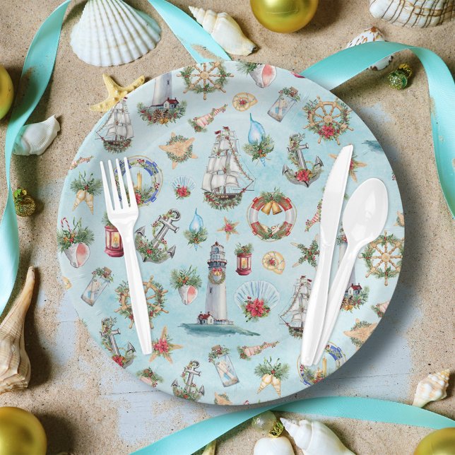 Assiettes En Carton Thème de plage Noël nautique côtier (Créateur téléchargé)