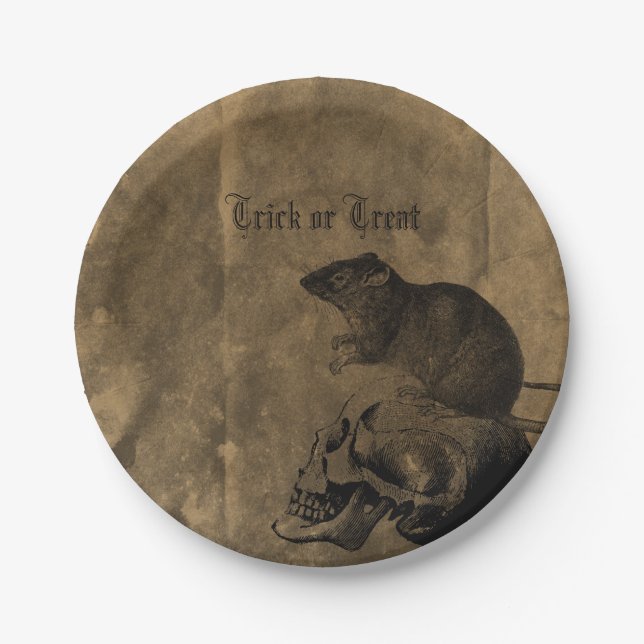 Assiettes En Carton Thème d'Halloween du Rat et du Crâne victorien (Devant)