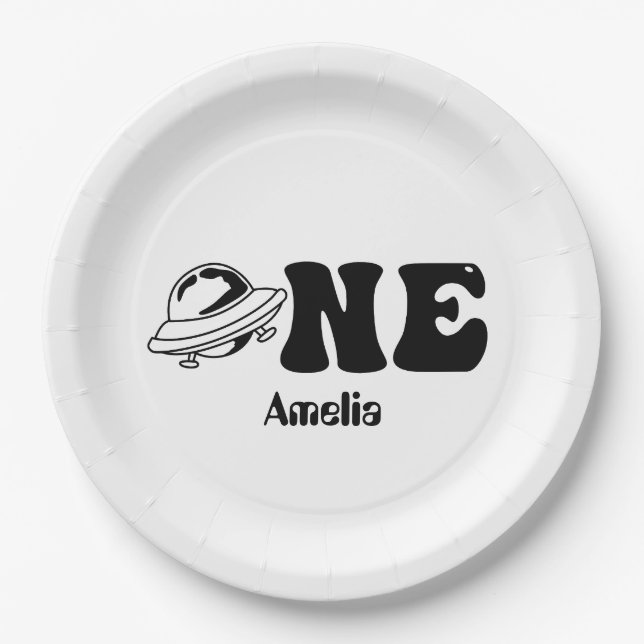 Assiettes En Carton Thème Espace 1er anniversaire OVNI (Devant)