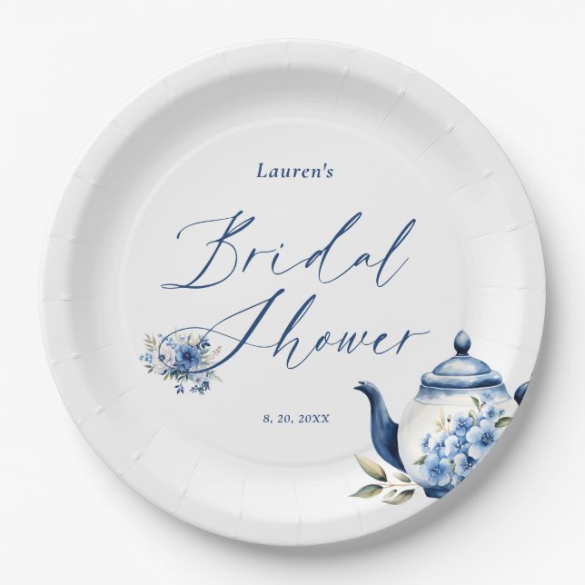 Assiettes En Carton Thème floral aquarelle bleu pour la fête prénuptia (Devant)