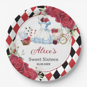 Assiettes En Carton Thème floral rouge fête d'anniversaire Alice au pa