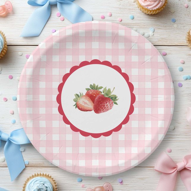 Assiettes En Carton Thème gingham rose-fraise  (Pink Gingham with strawberry Paper plate for any party.)