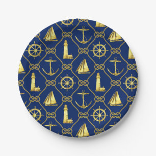 Assiettes En Carton Thème Nautique Bleu Nuit Or Ancre Phare