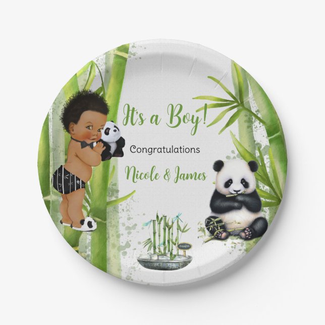 Assiettes En Carton Thème Panda Bamboo Bébé Garçon Noir Blanc Vert (Devant)