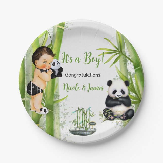 Assiettes En Carton Thème Panda Bamboo Bébé Garçon Noir Blanc Vert (Devant)