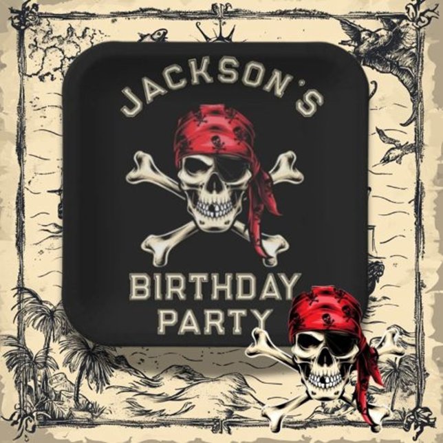 Assiettes En Carton Thème pirate Fête Adulte Salé Crâne Noir 2 (Host an unforgettable pirate theme party for adults with salty skull black decor.)