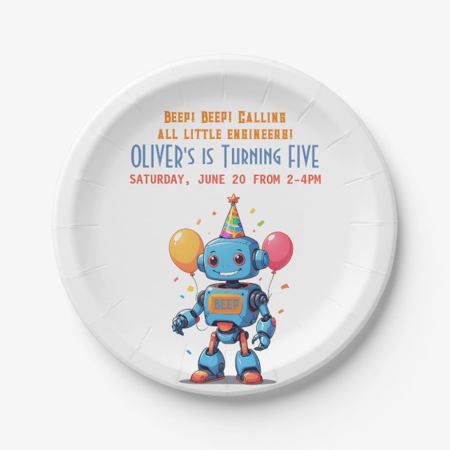 Assiettes En Carton thème robot avec aquarelle ballons (Devant)