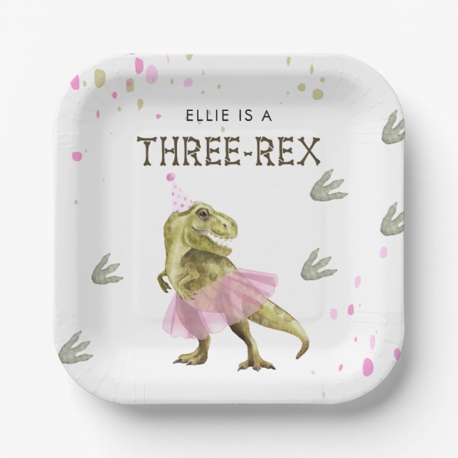 Assiettes En Carton Three Rex & Pink Tutu Birthday Party Paper Plate (Recto)