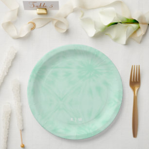 Assiettes En Carton Tie Dye Monogramme vert de menthe pastel