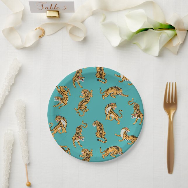 Assiettes En Carton Tiger sur Motif Turquoise (Mariage)