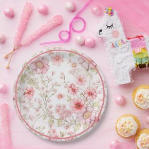 Assiettes En Carton Tiges de fleurs roses