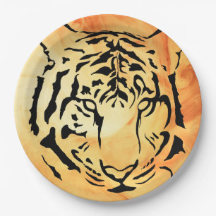 Assiettes En Carton Tigre à rayures noires sur orange vif
