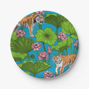 Assiettes En Carton Tigres dans l'étang rose lotus