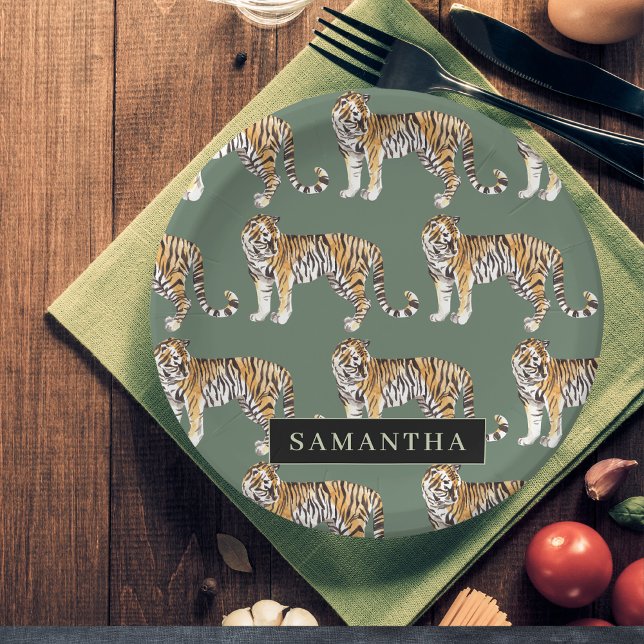 Assiettes En Carton Tigres d'aquarelle verte tropicale Motif avec nom (Créateur téléchargé)