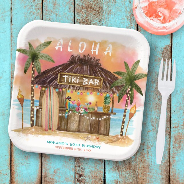 Assiettes En Carton Tiki Beach Bar Mer tropicale Anniversaire (Créateur téléchargé)