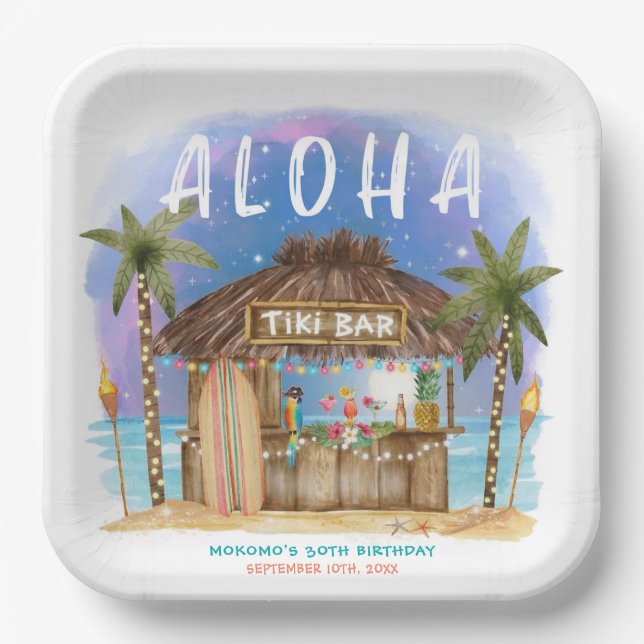 Assiettes En Carton Tiki Beach Bar Moon Stars Anniversaire tropical (Recto)