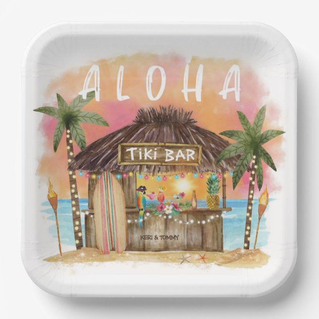 Assiettes En Carton Tiki Beach Bar Surf tropical & mer (Recto)