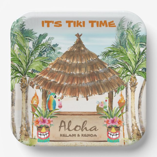 Assiettes En Carton Tiki Luau | Île tropicale de surf sur la plage (Recto)