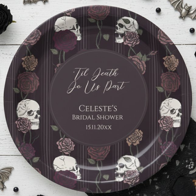 Assiettes En Carton ’Til Death Do Us Part Gothic Skull & Rose Wedding (Dark Burgundy Floral Skull 'Til Death Do Us Part Gothic Bridal Shower Paper Plates for Hallowedding)
