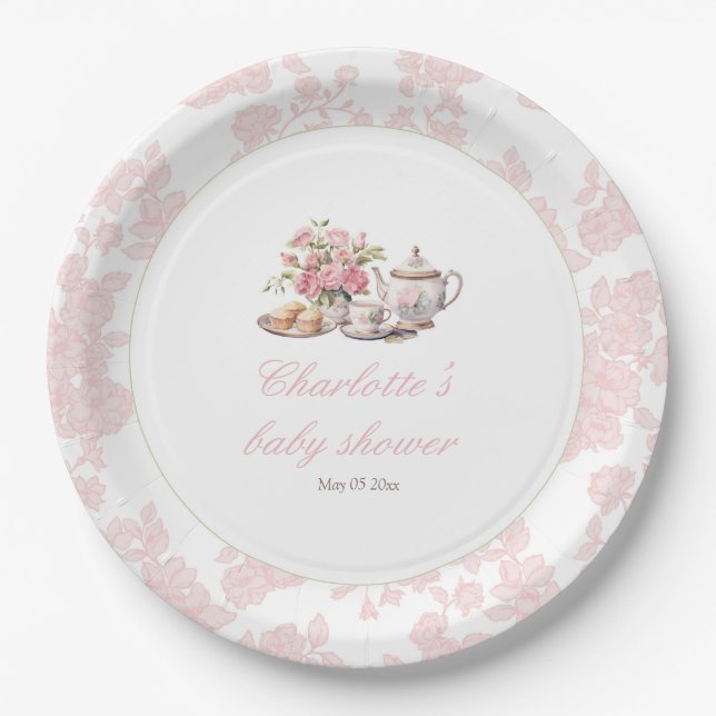 Assiettes En Carton Time for Tea Elegant Pink Floral Toile (Devant)